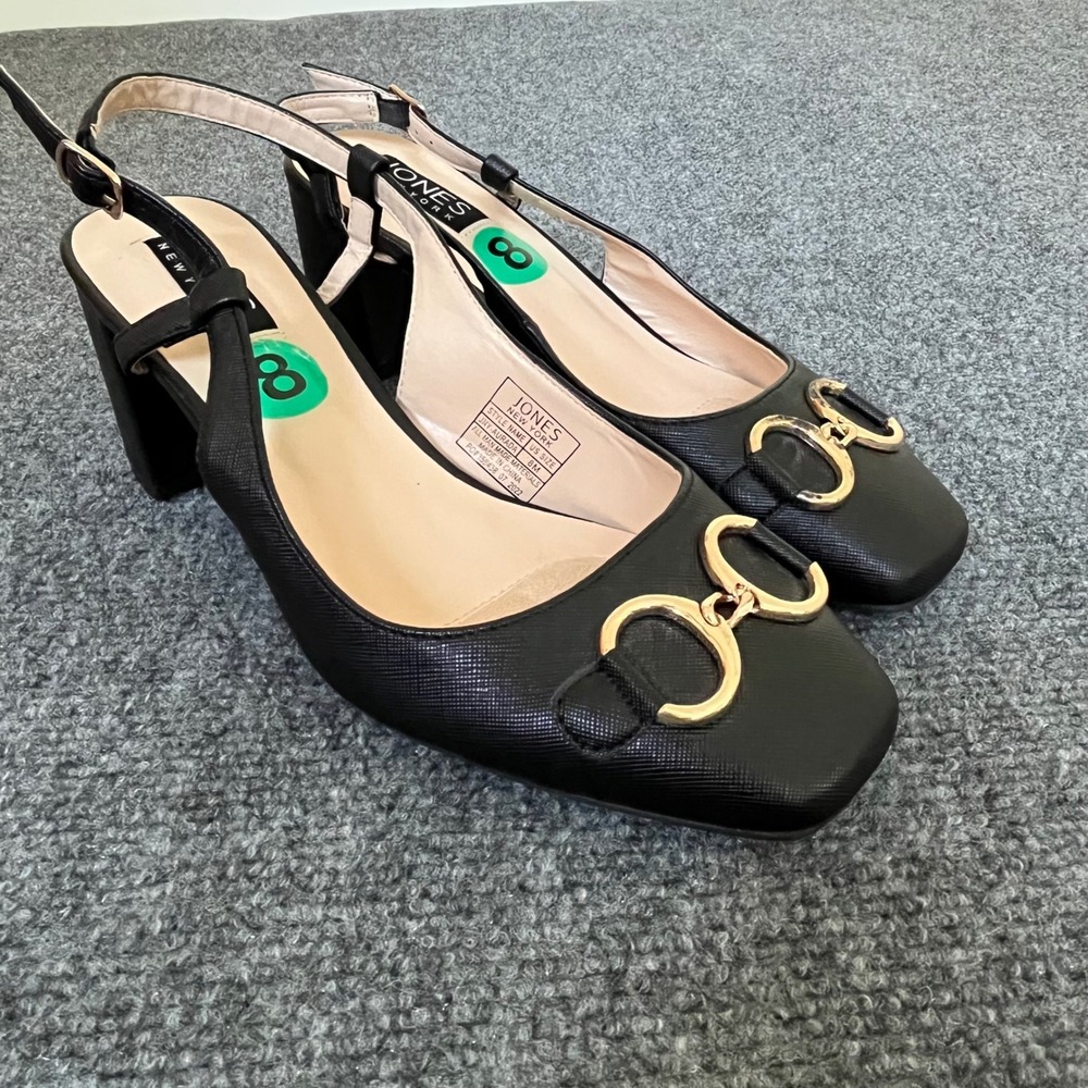 Jones New York Aurada Black Slingback Block Heel Square Toe Gold Buckle Pumps 8M